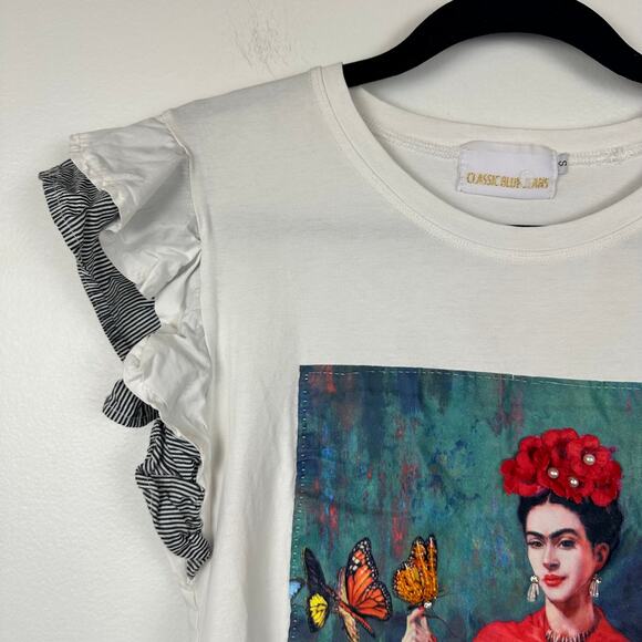 Classic Blue Jeans Womens Frida Kahlo Print Ruffle Short Sleeve White Top Small - Picture 4 of 9